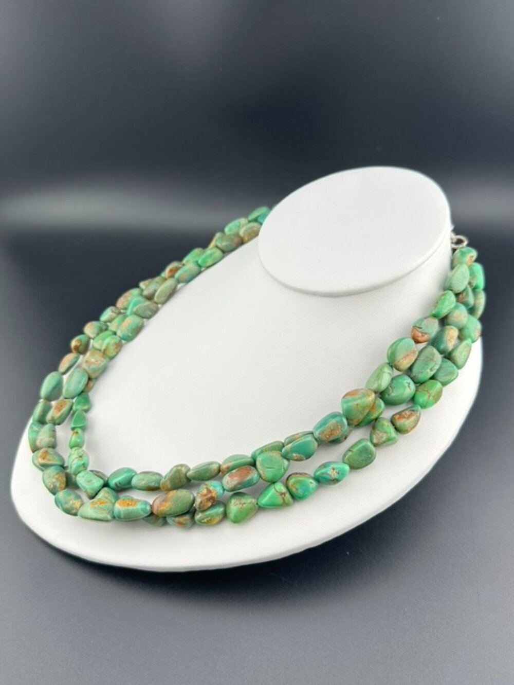 3 Strand Natural Green Turquoise Nugget Bead Sterling Silver Bib Necklace - Picture 3 of 6